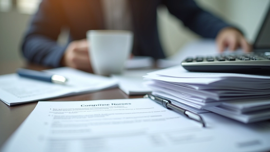 Financial compliance documents and calculator on organized desk with coffee cup