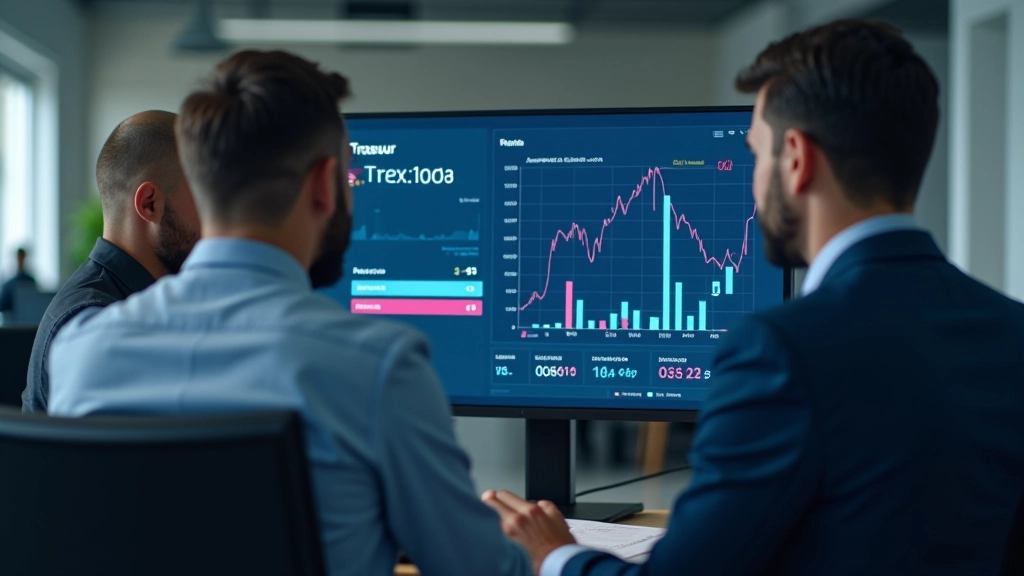 Treasury team in meeting room analyzing forecast outputs on large monitor, pointing at trend data